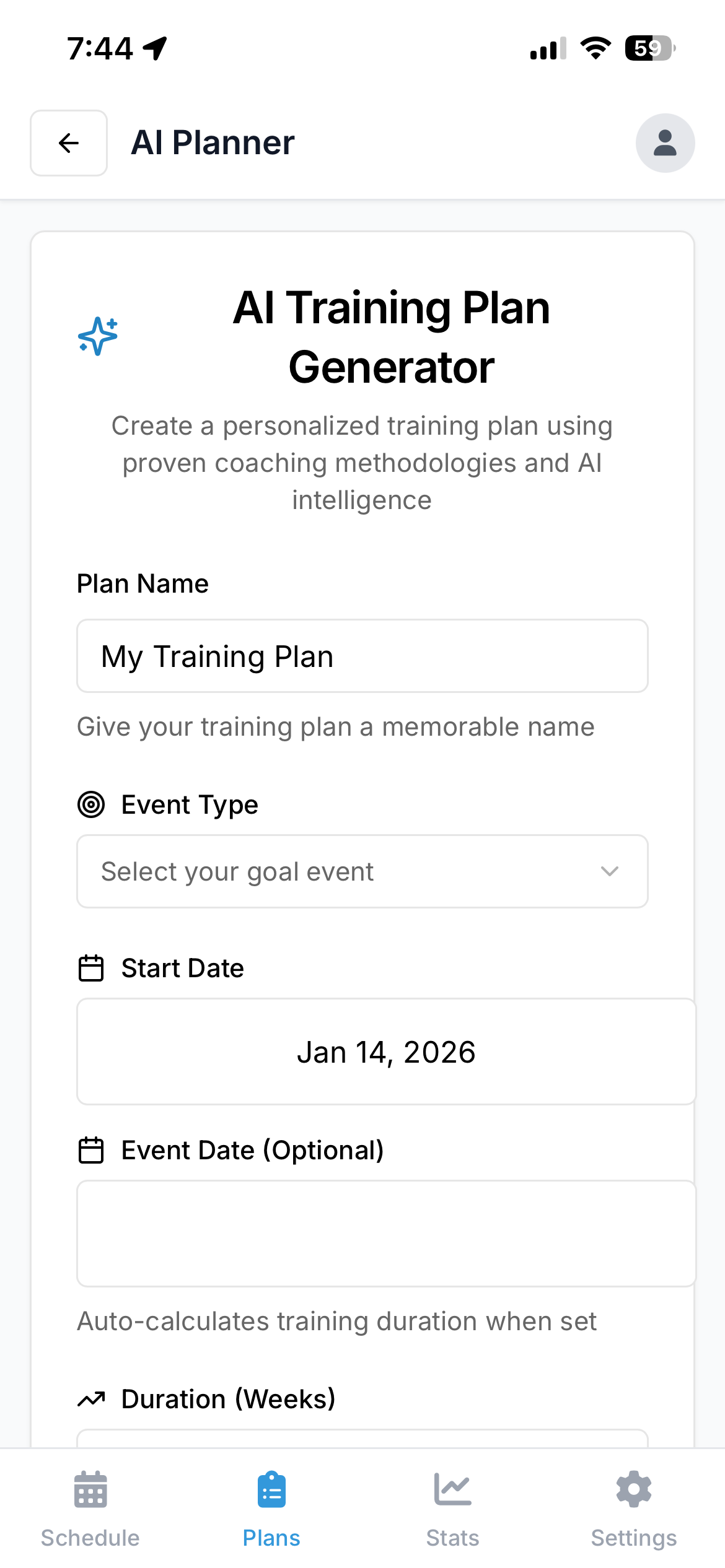 AI training plan generator interface