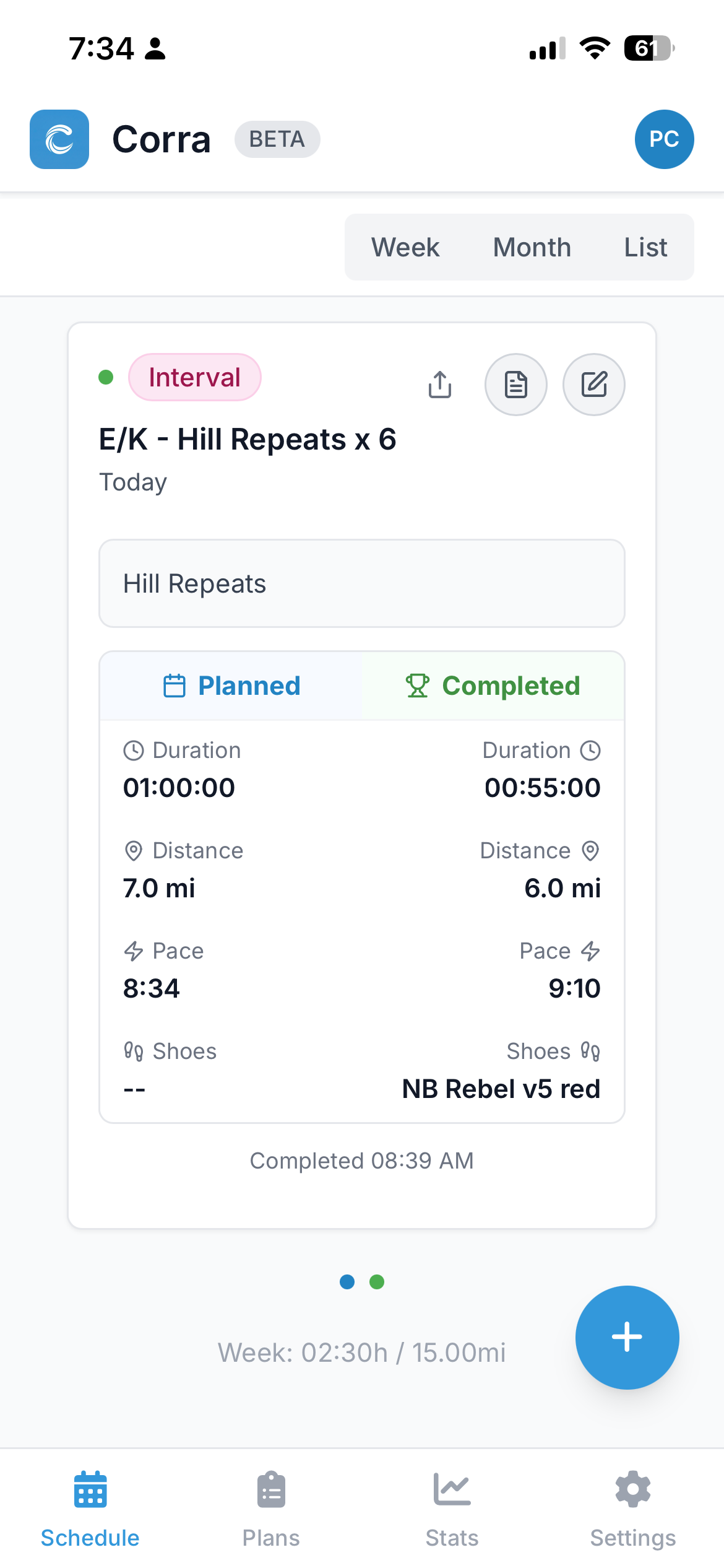 Corra app showing day view with planned vs completed run comparison