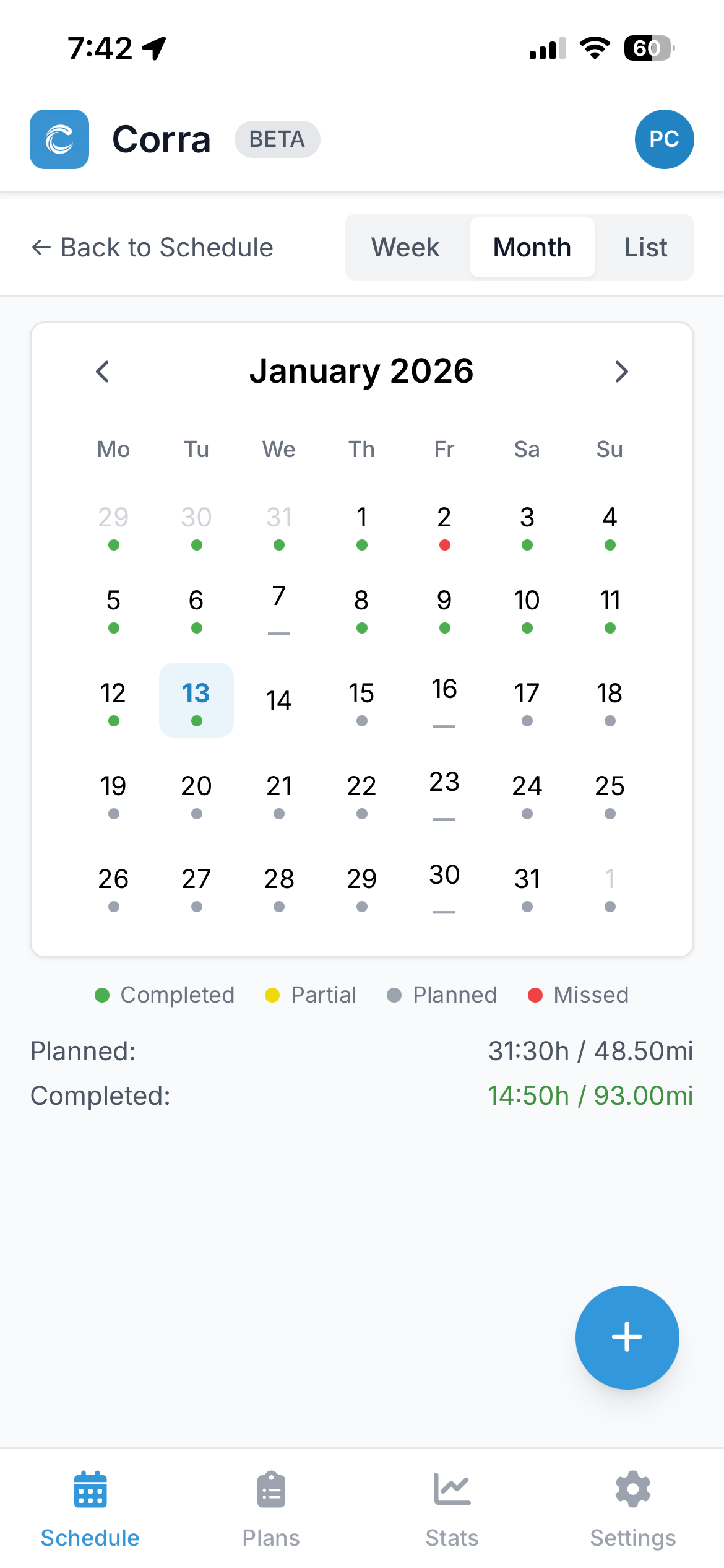 Month view calendar with run indicators