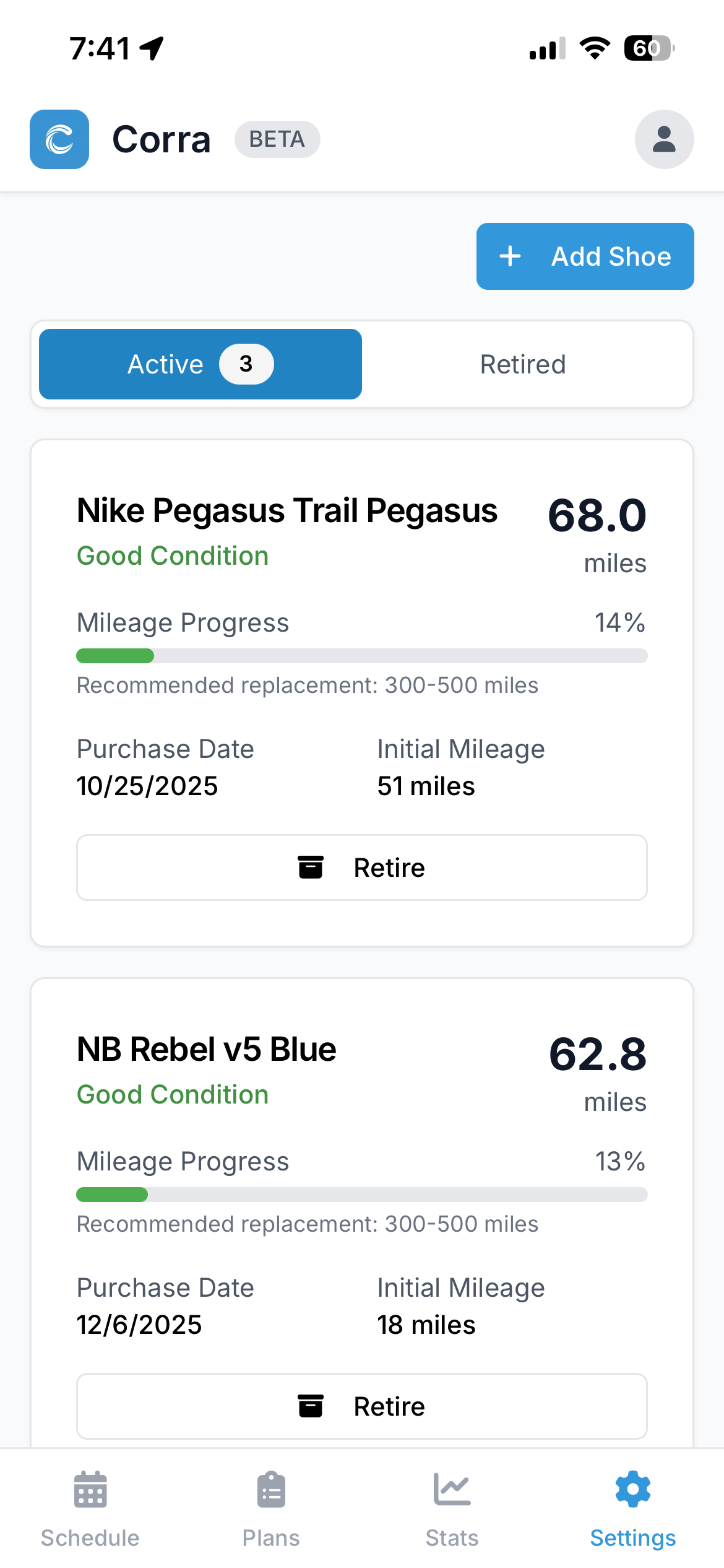 Shoe tracking interface showing mileage per shoe