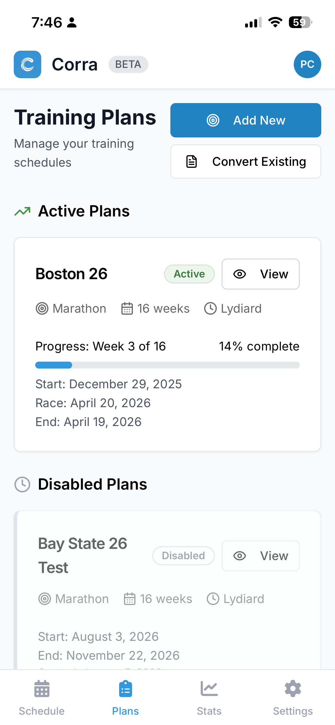 Training plans view showing Boston 26 marathon plan